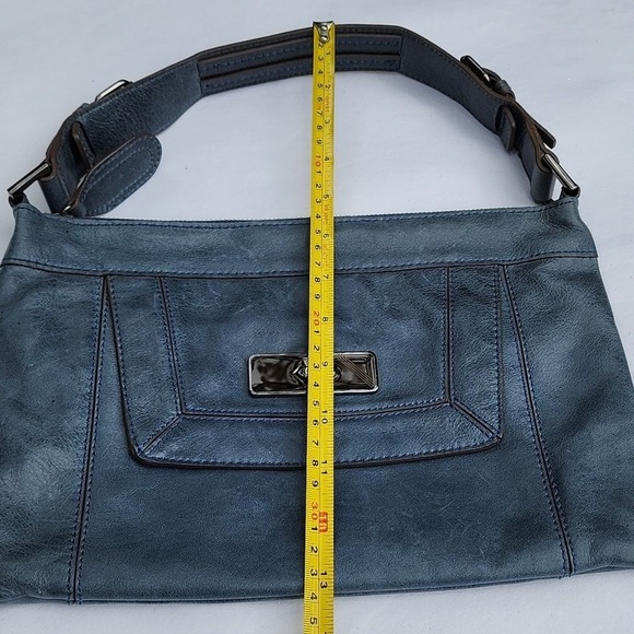 BCBGMAXAZRIA Shoulder Bag Women Blue Leather Buckle Strap Gunmetal Hardware - Picture 12 of 13
